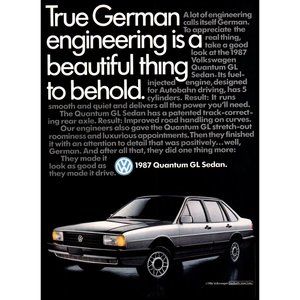 1987 VW Volkswagen Quantum GL Sedan Vintage Print Ad German Import Wall Art